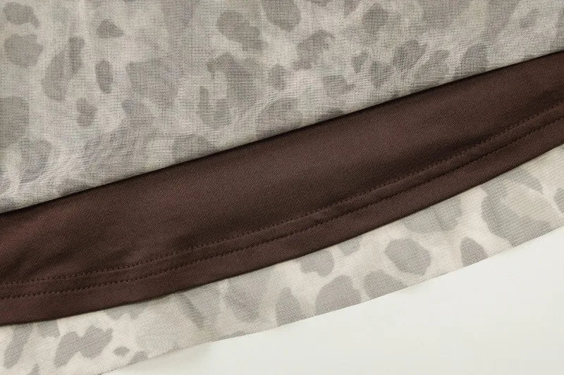 Leopard Print Mesh Spaghetti Strap Deep V Neck Mini Dress