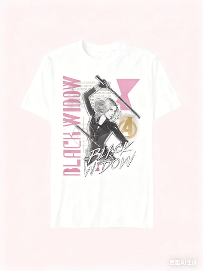 Black Widow Retro Comic Print Short Sleeve Loose Crew Neck T-Shirt