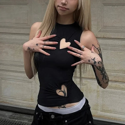 Hollow Out Love Heart Round Neck Sleeveless Top