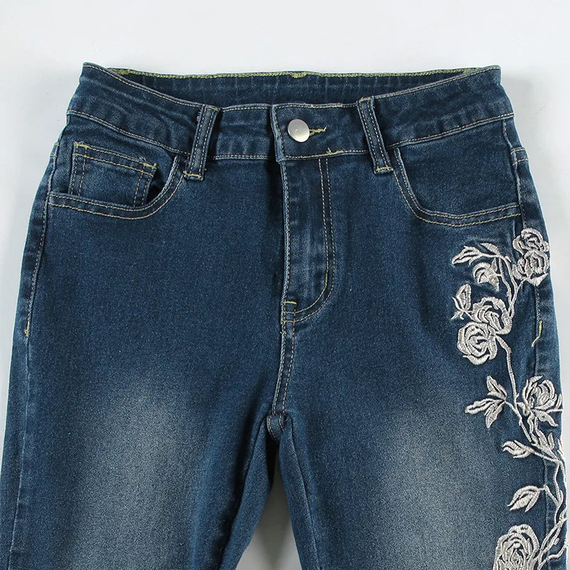 Embroidery Low Waist Flare Leg Washed Distressed Jeans