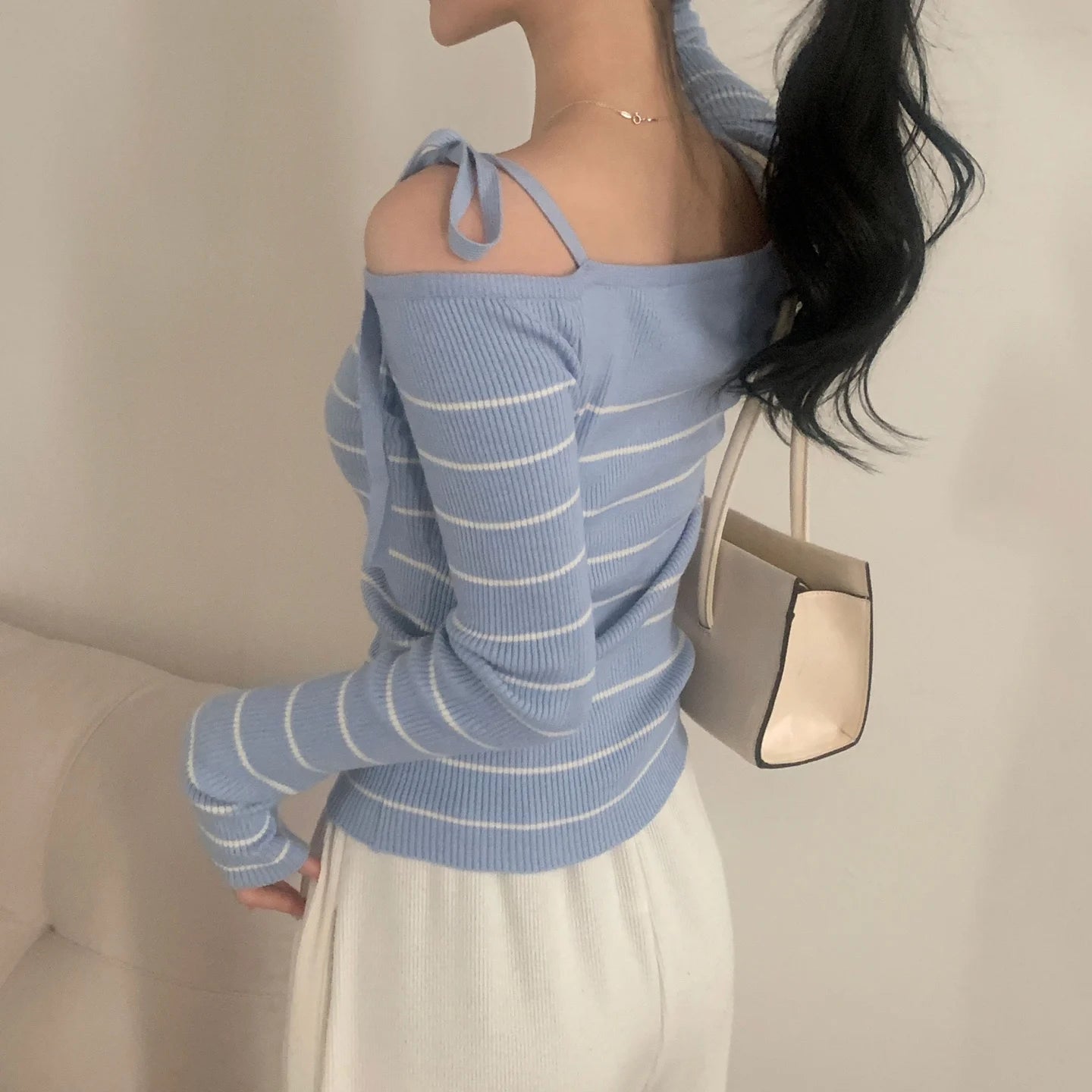 Off-Shoulder Sweater with Adjustable Lace-Up Strap