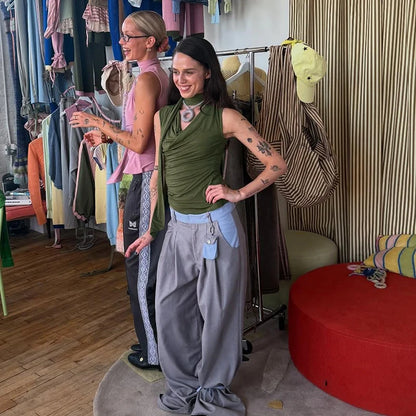 Solid Color Swing Collar Shrink Pleated Irregular Tank Top