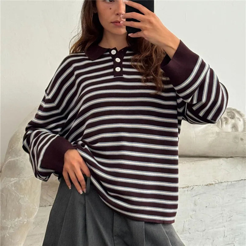Oversized Striped Collared Long Sleeve Sweater