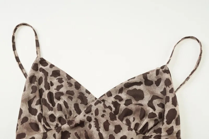 Leopard Print Mesh Spaghetti Strap Deep V Neck Mini Dress