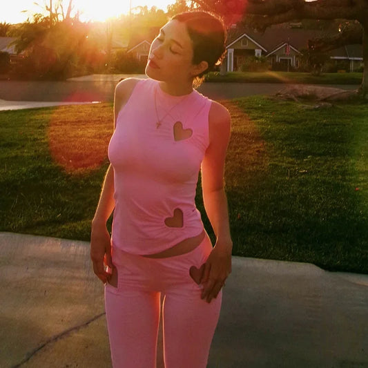 Fashionable Solid Color Hollow Heart Two Piece Set