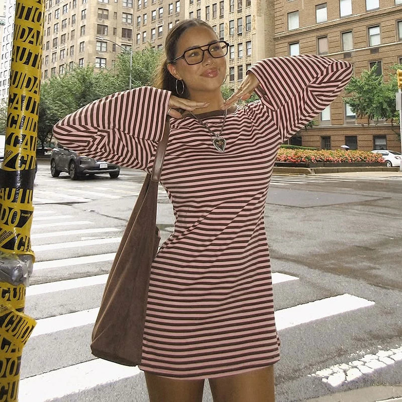 Riley Color-Block Striped Long-Sleeve Crew Neck Short Dress