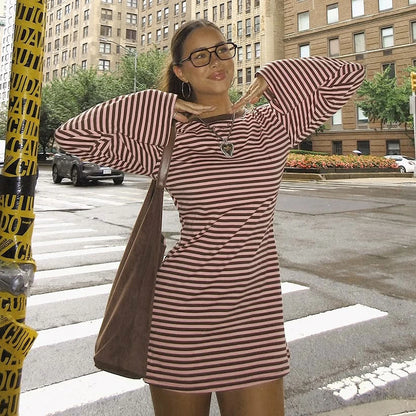 Riley Color-Block Striped Long-Sleeve Crew Neck Short Dress