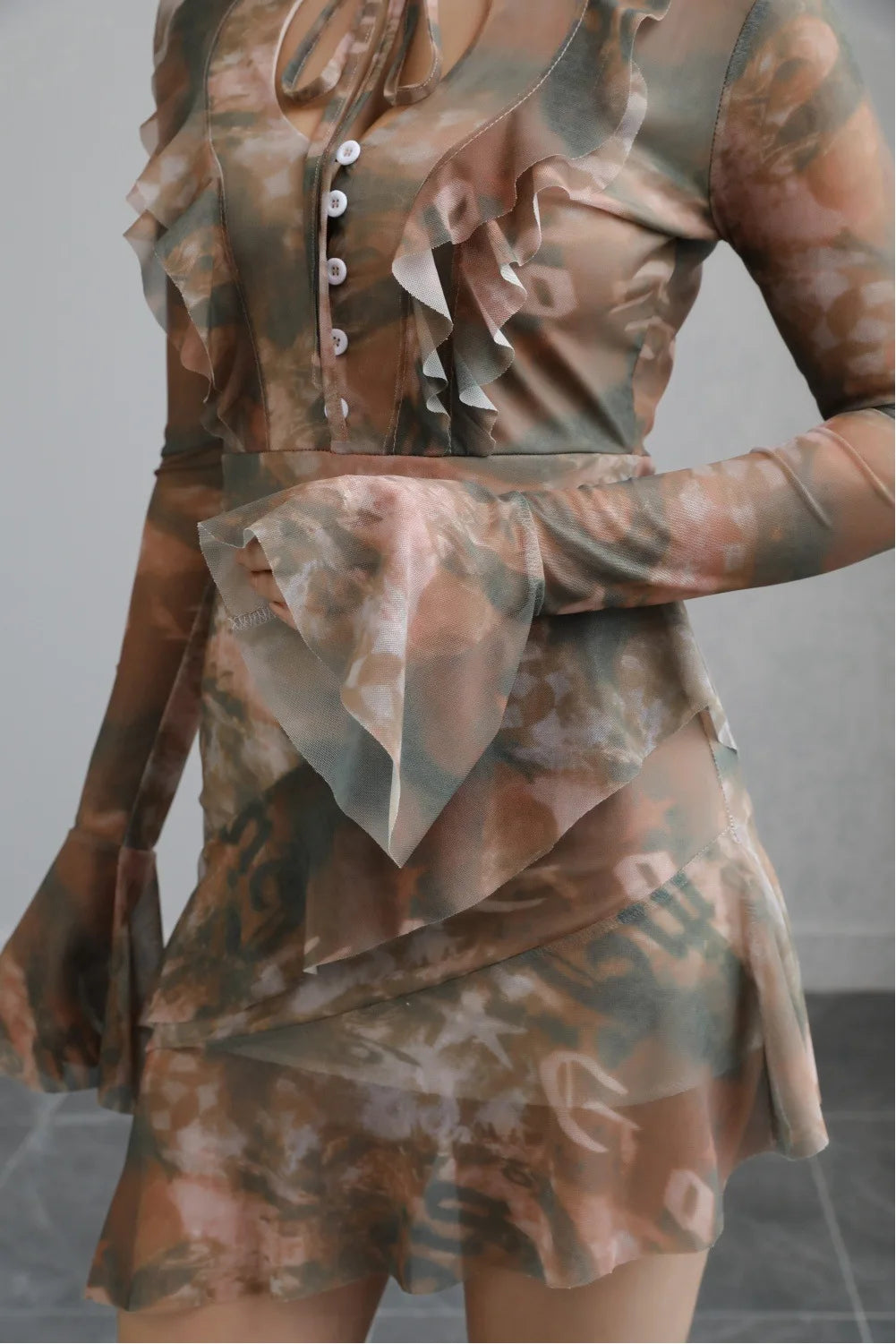 Serena Bell Sleeve Tie Dye Print Mesh Dress