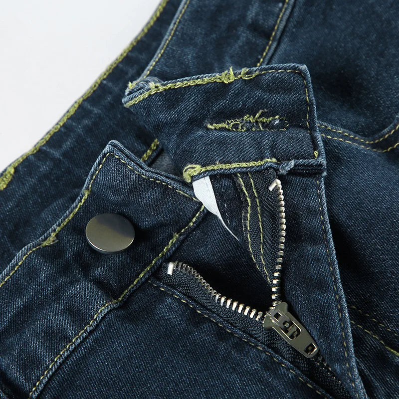 Embroidery Low Waist Flare Leg Washed Distressed Jeans