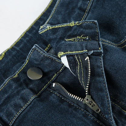 Embroidery Low Waist Flare Leg Washed Distressed Jeans