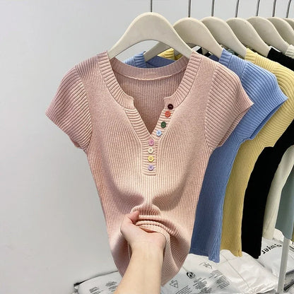 V-Neck Short Sleeve Pastel Colored Button T-Shirts