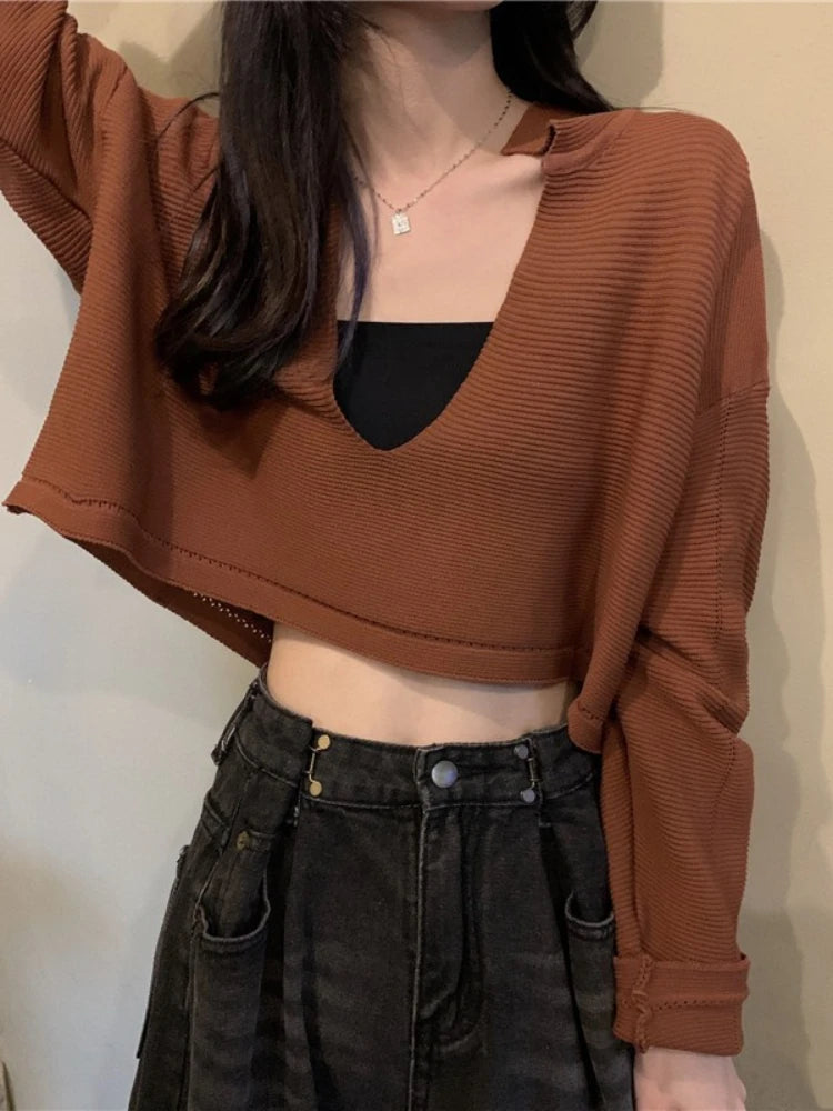 Elegant Casual V Neck Knit Long Sleeve Cropped Sweater