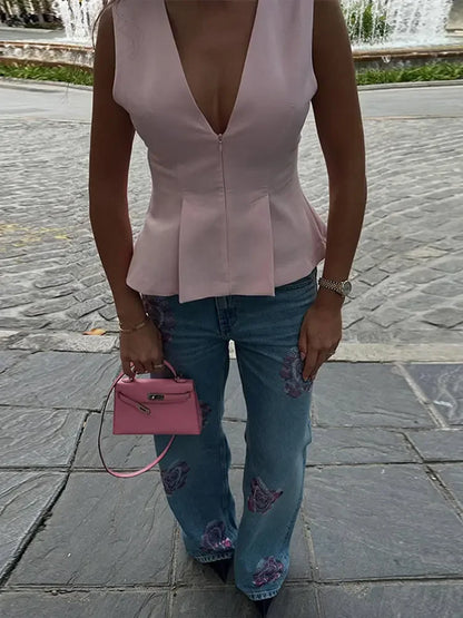 Chic Dazzling Flower Jean Pants