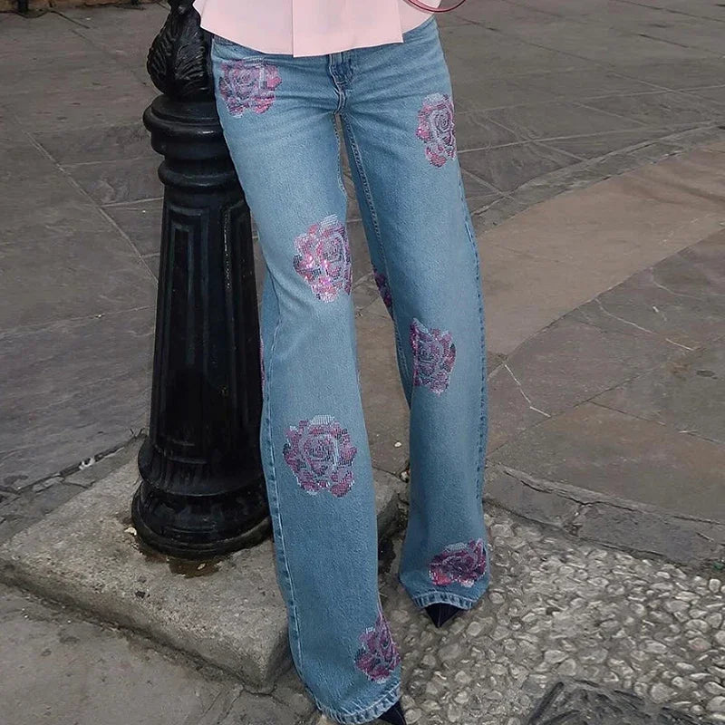 Chic Dazzling Flower Jean Pants