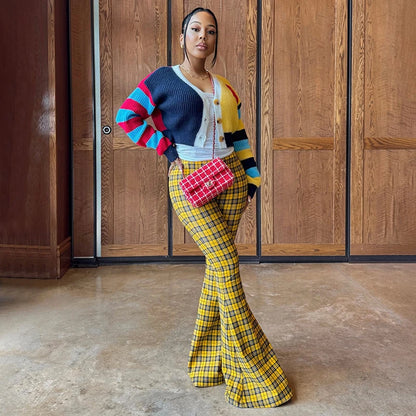 Plaid Print Casual Flared Pants